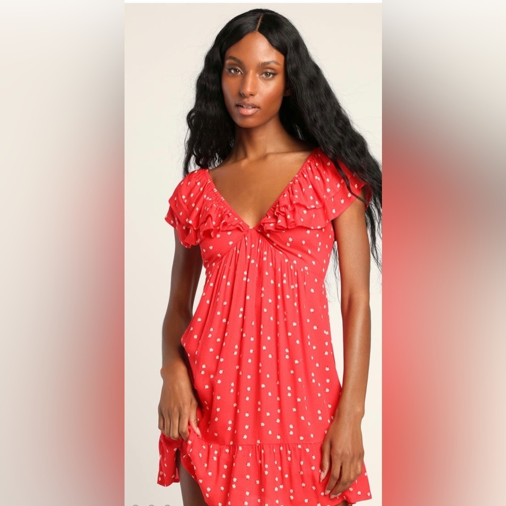 Lulus Women’s Pretty Flowers Red Floral Print Ruffled Mini Dress Size M - Picture 6 of 10